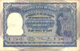 One Hundred Rupees Bank Note of Signed by B Rama Rau of  Madras Circle Republic India of  1950.