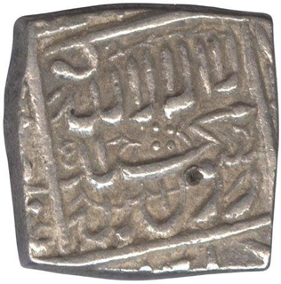 Silver Squre Rupee Coin of Jalal Ud din Muhammad Akbar of Ahmadabad.