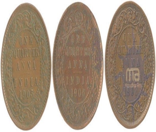 Copper Quarter Anna Coin of  King Edward VII of 1905 and  1906 and 1908.