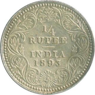 Silver Quarter Rupee Coin of Victoria Empress of  Calcutta Mint of 1893.