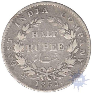 Silver Half Rupee Coin of  King William IIII of  Calcutta Mint of  1835.