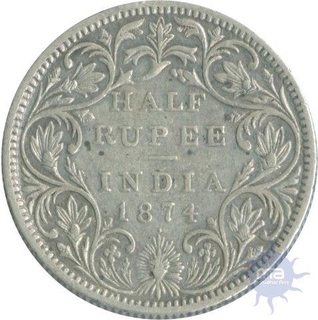 Silver Half Rupee Coin of Victoria Queen of  Bombay Mint of 1874.