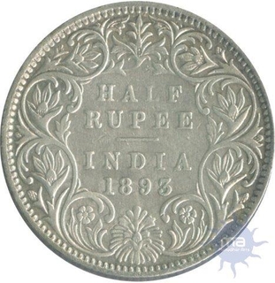 Silver Half  Rupee Coin of Victoria Empress of Bombay Mint of 1893.