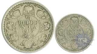 Silver Quarter  Rupee  and Two Annas Coins of  King George V of  Calcutta Mint of 1915.