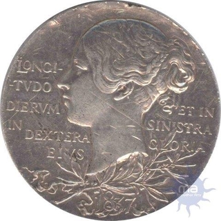 1897. (in Roman numerals), GREAT BRITAIN, Hanover. Victoria. 1837-1901. AR Medal, Diamond Jubilee. By G. W. de Saulles. Dually dated 1837 June 20,  VICTORIA ANNVM REGNI SEXAGESIMVM FELICITER CLAVDIT XX IVN · MDCCCXCVII ·, crowned and veiled bust left / Young head of Victoria left on filleted olive b