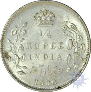 Silver Quarter Rupee of King Edward VII of Calcutta mint of 1906.