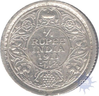 Silver Quarter Rupee of King George V of Calcutta Mint of 1911.