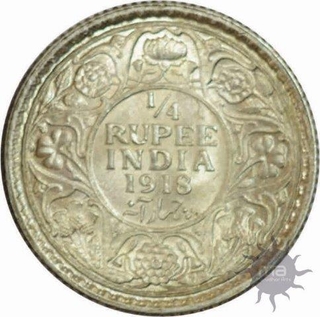 Silver Quarter Rupee of King George V of Calcutta Mint of 1918.