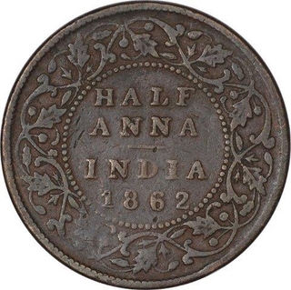 Copper Half Anna Coin of Victoria Queen of Bombay Mint of 1862.