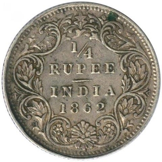 Silver Quarter Rupee of Victoria Queen of Calcutta Mint of 1862.