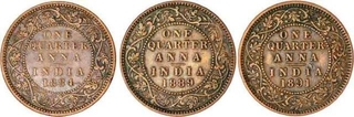 Lot of  Three Copper 1/4 Anna of  Victoria Empress of Calcutta and Bombay Mint.