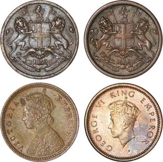 Set of Four Bronze And Copper One Twelfth Anna of King George VI, Victoria Empress,East India Company, of Calcutta And Madras Mint of 1835,1835,1901,1939.