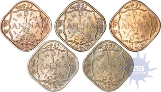 Set of Five Nickel And Brass Half Anna of King George VI of Calcutta Mint of 1942,1943,1944,1946,1947.