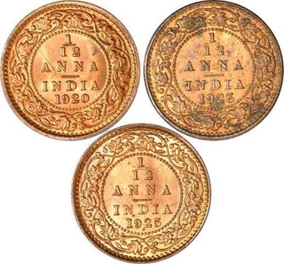 Set of Three Bronze One Twelfth Anna of King George V of Calcutta and Bombay Mint.