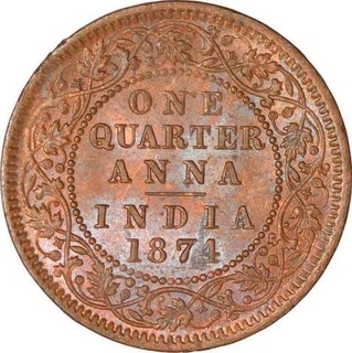 Copper One Quarter Anna of Victoria Queen of Calcutta Mint of 1874.