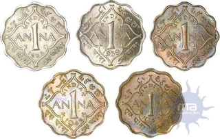 Set of Five Coins of Brass Nickel and Cupro Nickel One Anna of King George VI of Calcutta Mint.