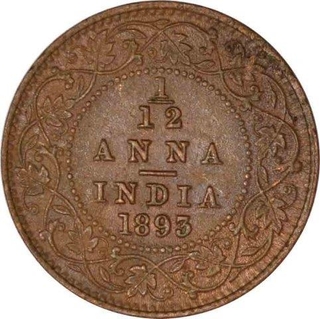 Copper One Twelfth Anna Coin of Victoria Empress of Calcutta Mint of 1893.