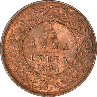 Copper One Twelfth Anna Coin of Victoria Empress of Calcutta Mint of 1894.