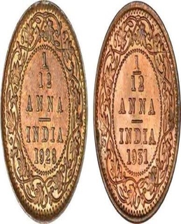 Bronze One Twelfth Anna Coins of King George V of Calcutta and Bombay Mint.