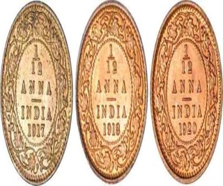 One Twelfth Anna Coins of  King George V of Calcutta Mint.