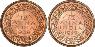 Bronze One Twelfth Anna Coins of King George VI of Bombay and Calcutta Mint.