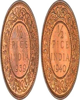 Bronze Half Pice Coins of King George VI of Calcutta Mint.