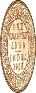 Bronze One Quarter Anna Coin of King George V of Bombay Mint of 1928.