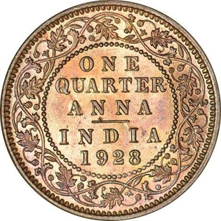 Bronze One Quarter Anna Coin of King George V of Calcutta Mint of 1928.