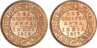 Bronze Quarter Anna Coins of King George V of  Calcutta Mint.