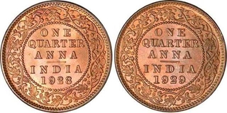 Bronze One Quarter Anna Coins of King George V of Calcutta Mint.