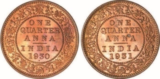 Bronze One Quarter Anna Coin of King George V of Calcutta and Bombay Mint.