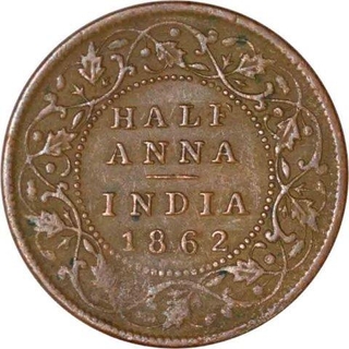 Copper Half Anna Coin of Victoria Queen of Madras Mint of 1862.