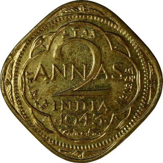 Nickel Brass Two Annas Coin of  King George VI of  Bombay Mint of 1943.