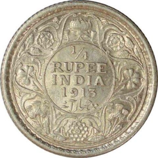 Silver Quarter Rupee Coin of King George V of Calcutta Mint of 1913.