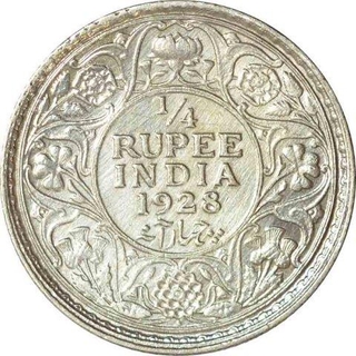 Silver Quarter Rupee Coin of King George V of Bombay Mint of 1928.