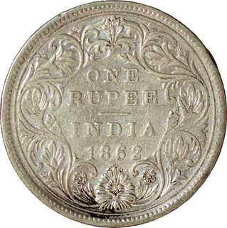 Silver One Rupee Coin of Victoria Queen of Bombay Mint of 1862.