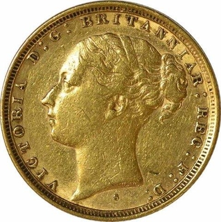 Gold One Sovereign Coin of Australia of Queen Victoria of Sydney Mint of 1884.