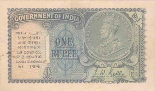 Rare One Rupee Bank Note of King George V  of  Signed by J W Kelly.