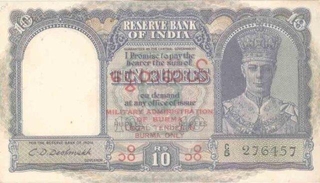 Ten Rupees Bank Note of King George VI of Signed by C D Deskhmukh of  Burma Overprint