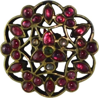 Antique  Classical Gold Brooch studdedded with Red Burmese Rubies, Emerald and White Sapphire