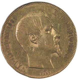 Gold Fifty Francs Coin of France of Nepoleon III of France.