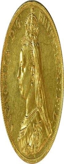 Gold Five Pounds Coin  of Victoria Queen of United Kingdom of 1887.