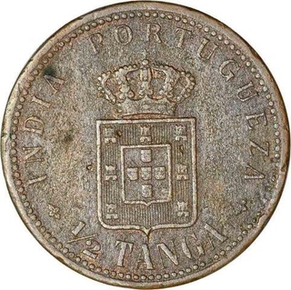 Bronze Half Tanga Coin of Carlos I of Goa of Portuguese India.