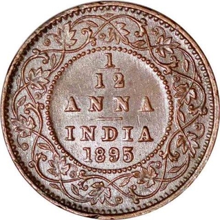 Copper One Twelfth Anna Coin  of Victoria Empress of Calcutta Mint of 1895.