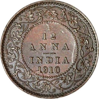 Bronze One Twelfth Anna Coin of  King Edward VII of Calcutta Mint of  1910.