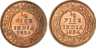 Bronze Half Pice Coin of King George V of Calcutta Mint.