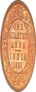 Copper One Quarter Anna Coin of Victoria Empress of Calcutta Mint of 1891.