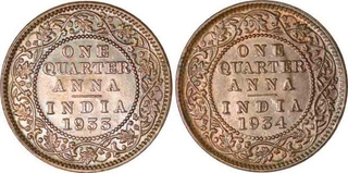 Bronze One Quarter Anna Coins of King George V of Calcutta Mint.