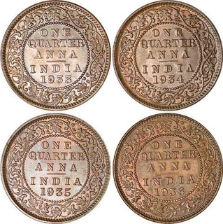 Bronze One Quarter Anna Coins of Calcutta And Bombay Mint.