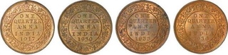 Bronze One Quarter Anna Coins of  King George V of Calcutta  and  Bombay Mint of Different Year.